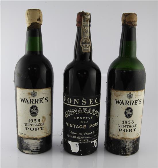 Two bottles of Warres Vintage Port, 1958 and one bottle of Fonseca Guimaraens Reserve Vintage Port, 1962,